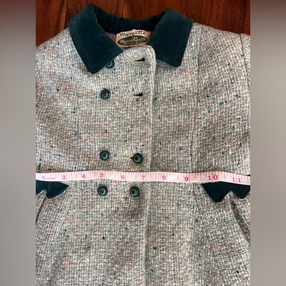 Bambury Original Vintage 50s 60s Wool Tweed Swing Coat Green Velvet Toddler Kids - Picture 15 of 15